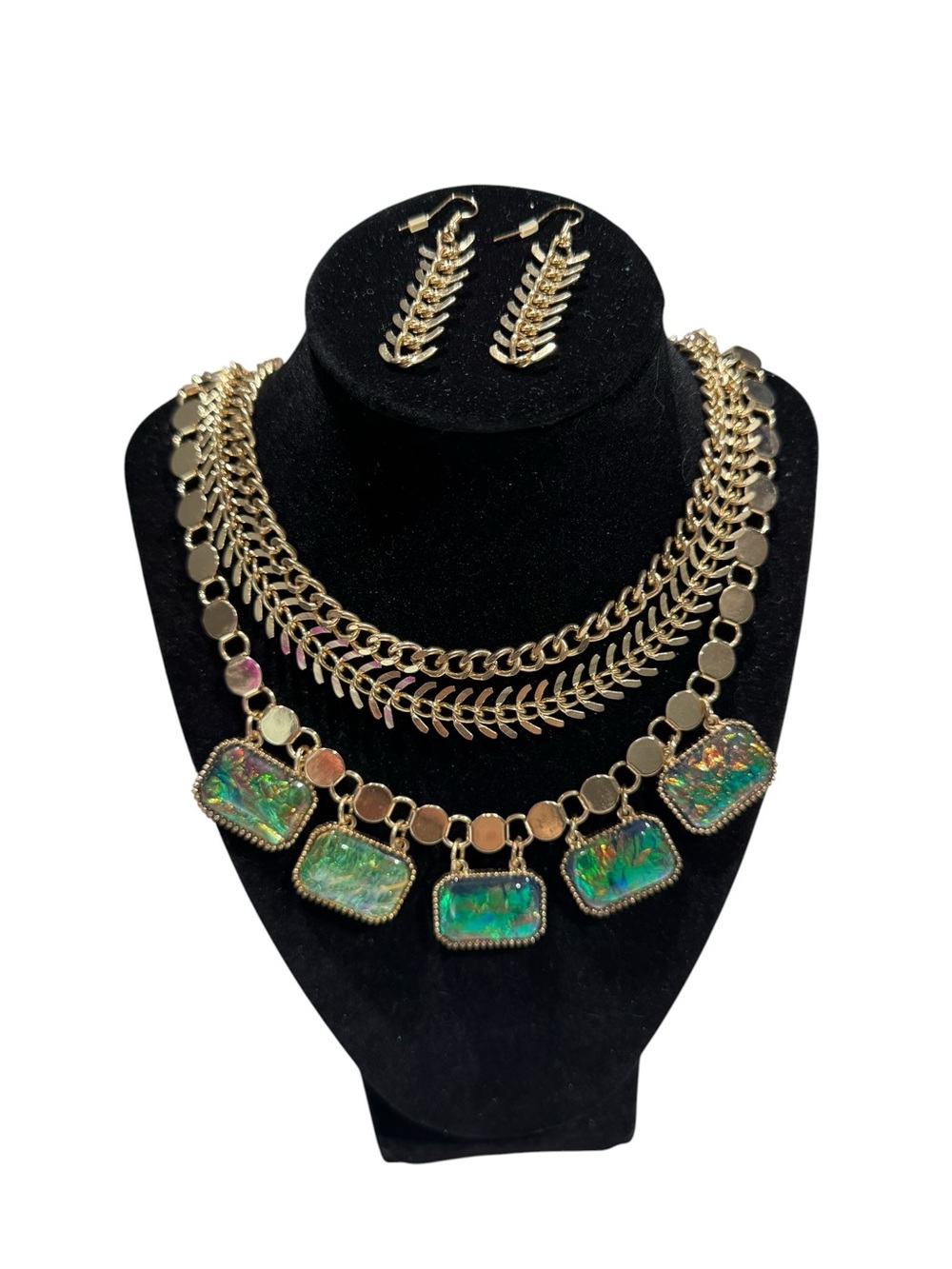 Mika Gold-Tone Layered Necklace with Iridescent Green Stones & Matching Earrings - Picture 3 of 7